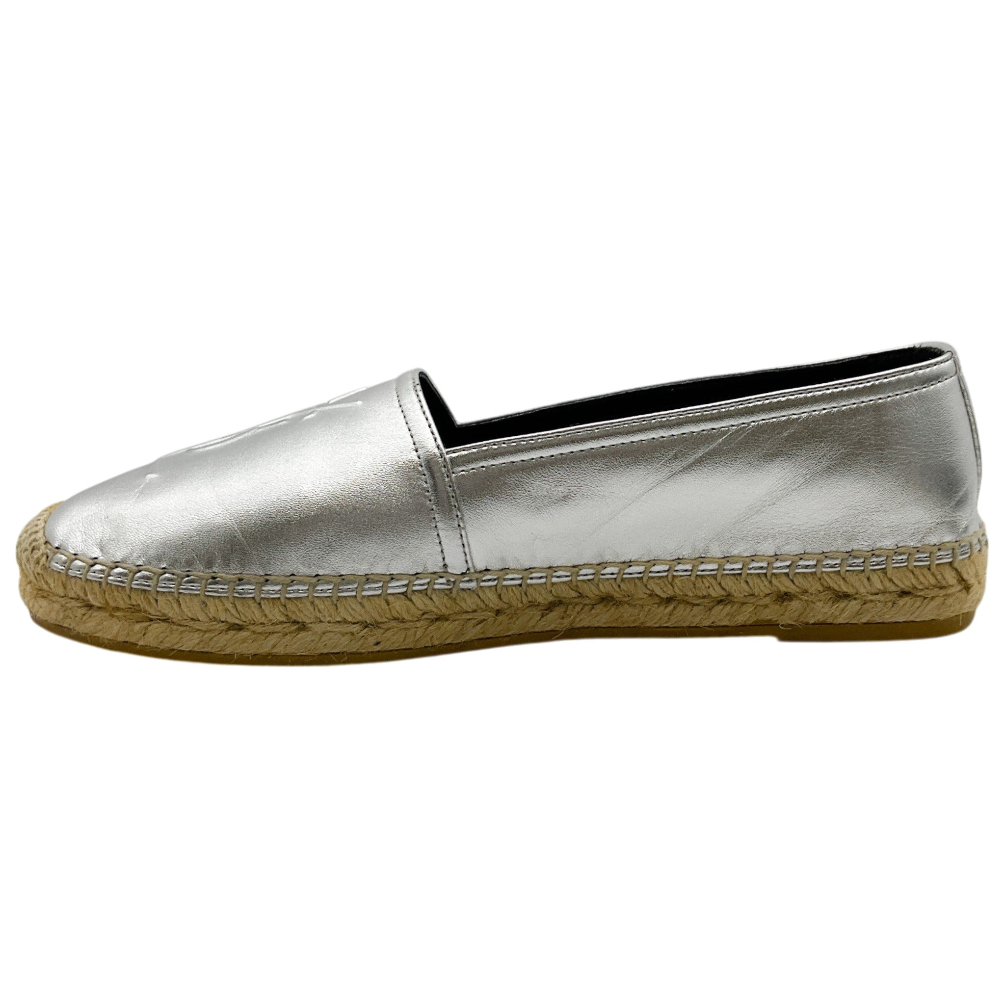Yves Saint Laurent Silver Metallic Leather Flat Espadrilles