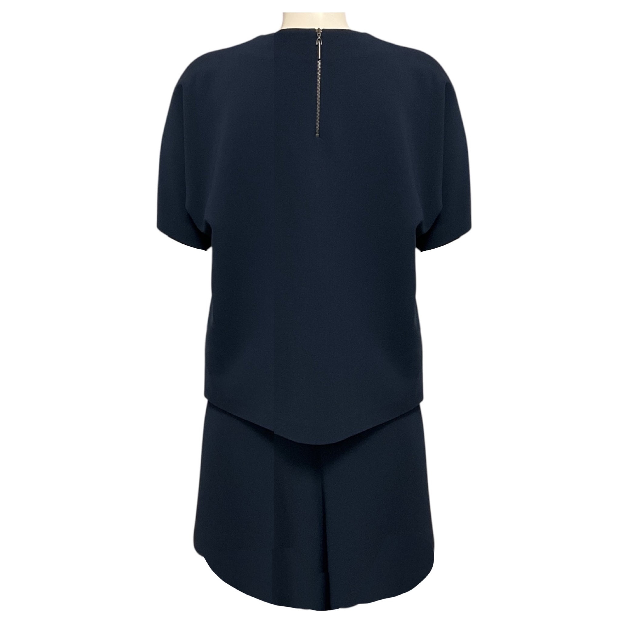 Brunello Cucinelli Navy Blue Short Sleeved Tiered Wool Crepe Midi Dress