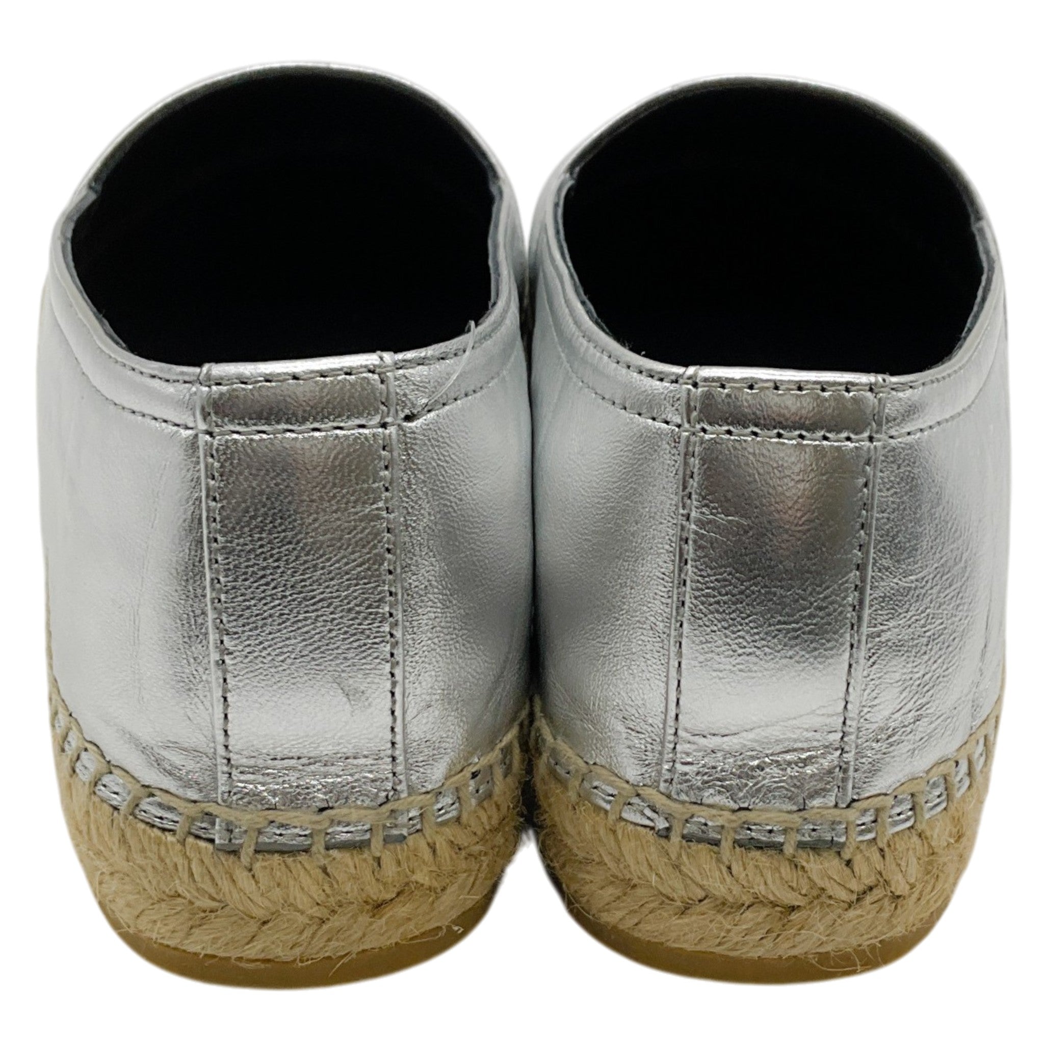 Yves Saint Laurent Silver Metallic Leather Flat Espadrilles