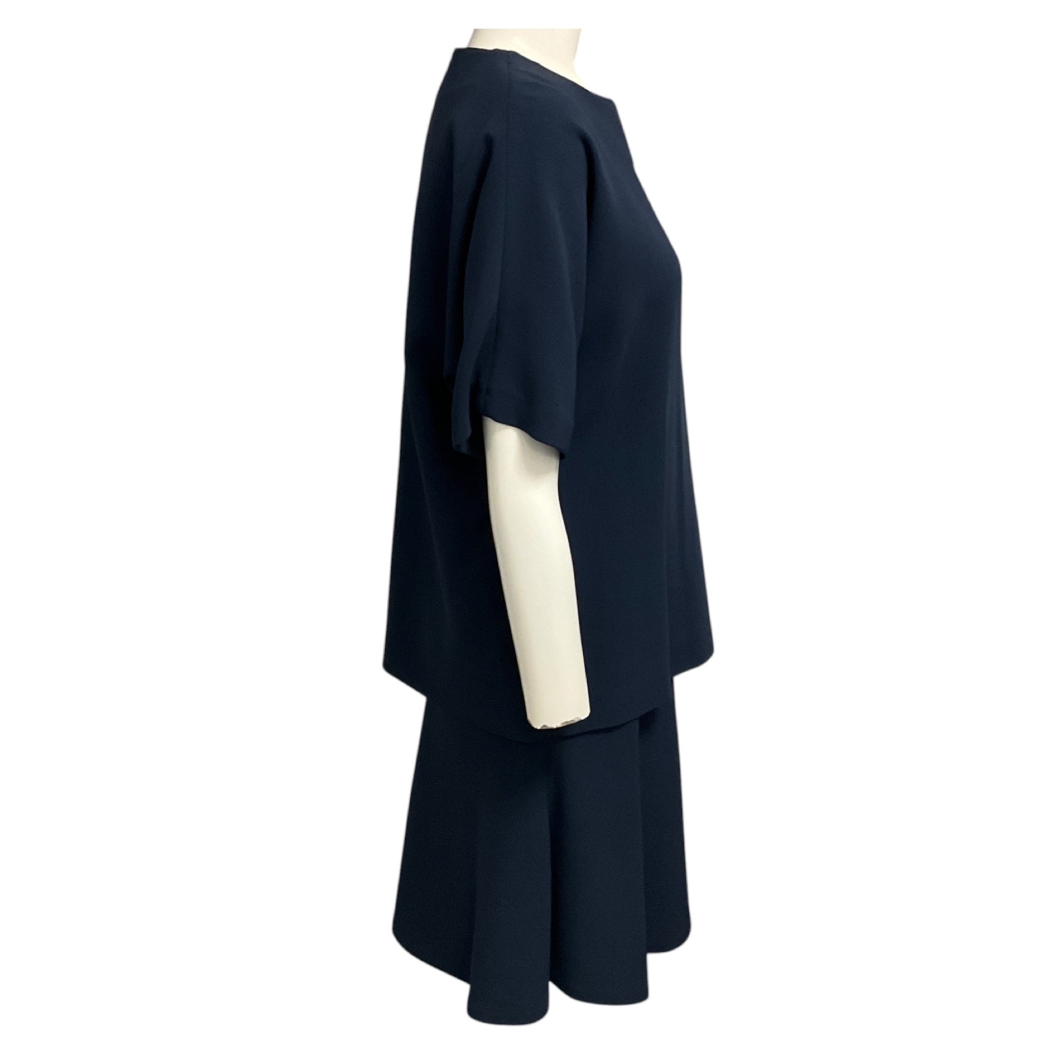 Brunello Cucinelli Navy Blue Short Sleeved Tiered Wool Crepe Midi Dress