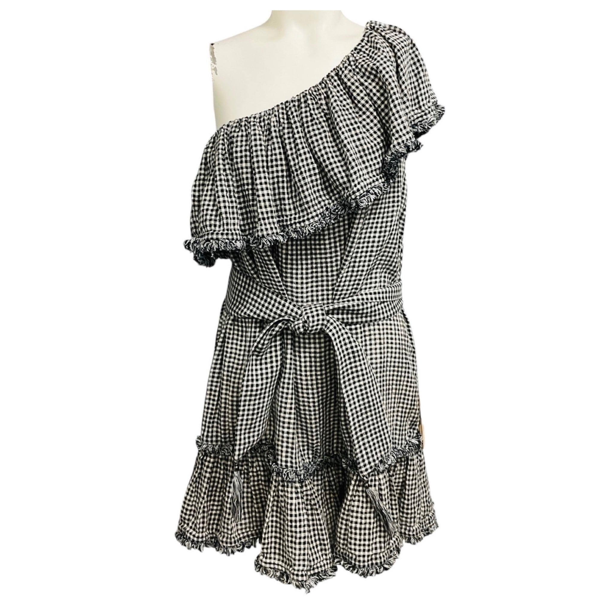 Zimmermann Black / White Gingham Check One Shoulder Linen Dress with Belt