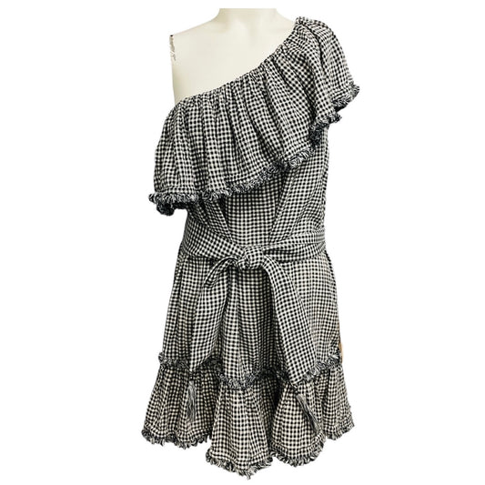 Zimmermann Black / White Gingham Check One Shoulder Linen Dress with Belt