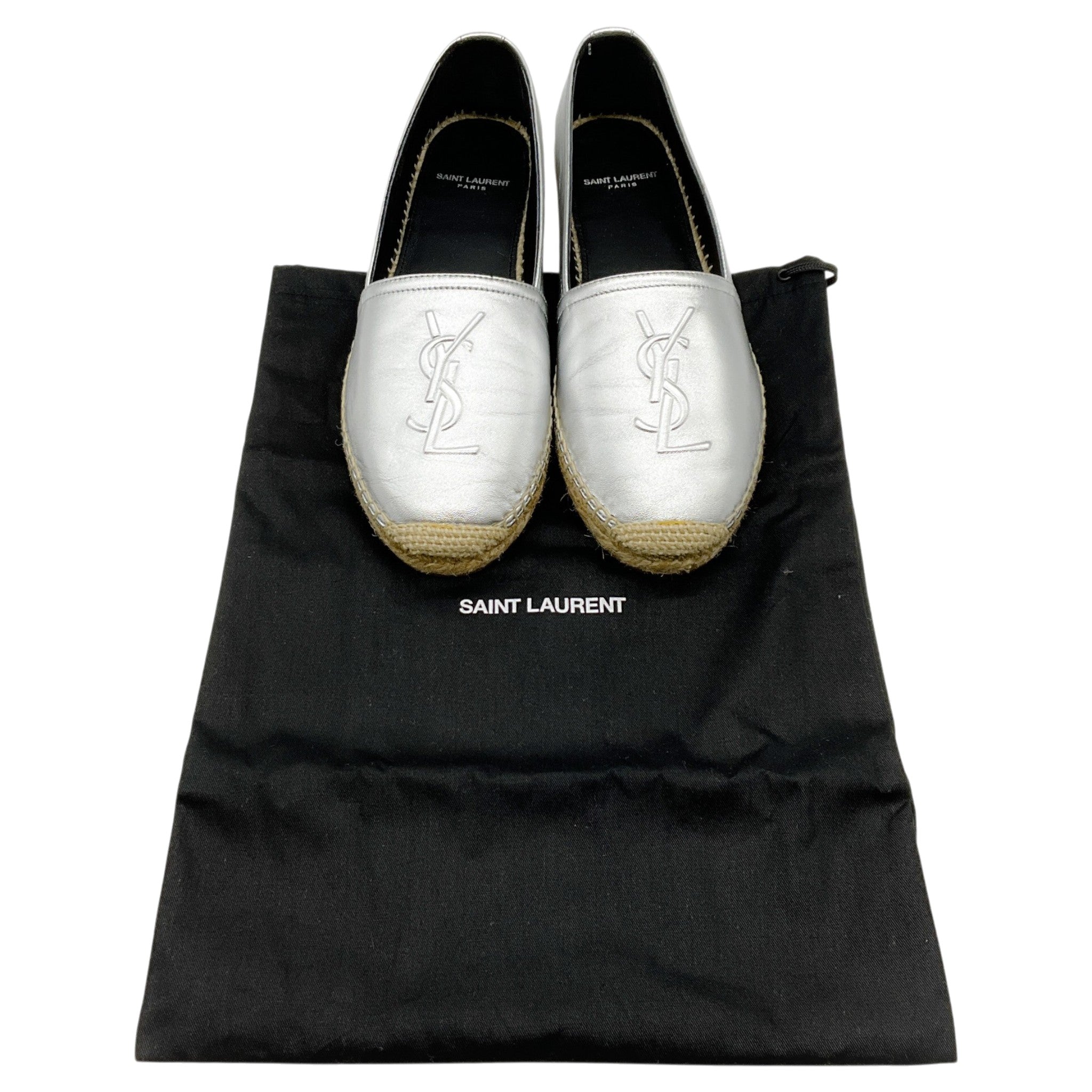Yves Saint Laurent Silver Metallic Leather Flat Espadrilles