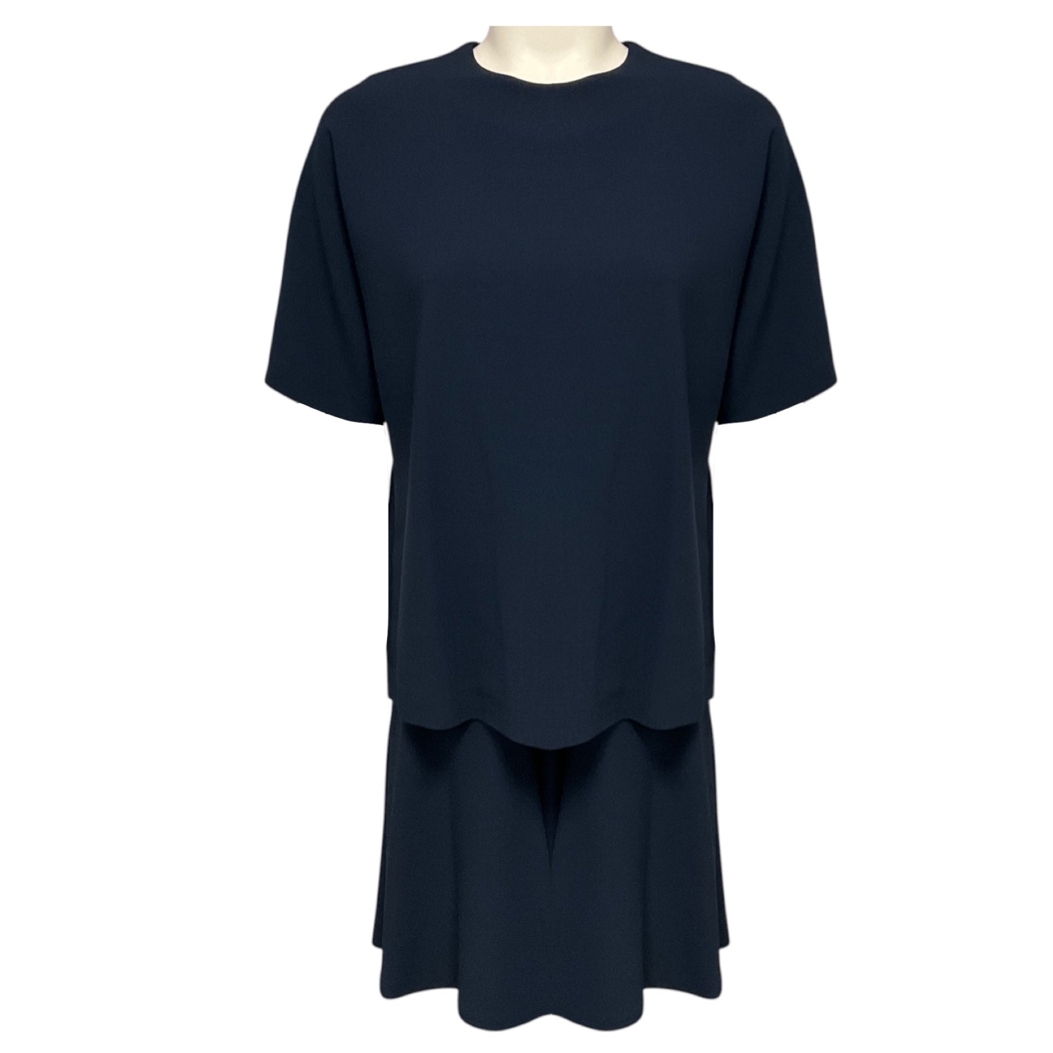 Brunello Cucinelli Navy Blue Short Sleeved Tiered Wool Crepe Midi Dress