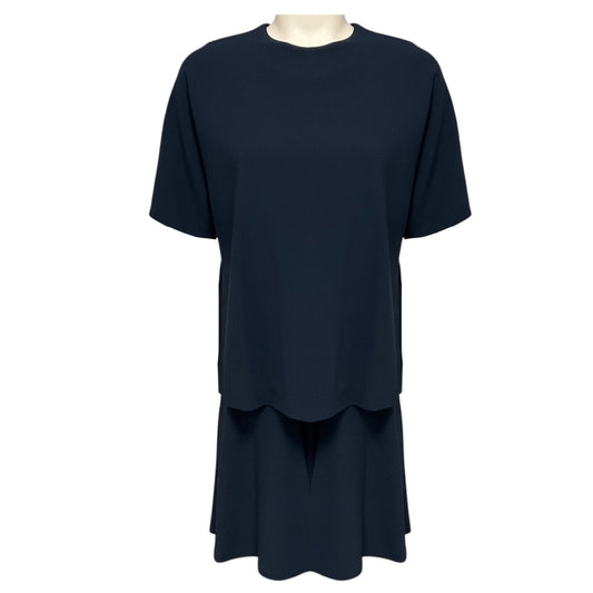 Brunello Cucinelli Navy Blue Short Sleeved Tiered Wool Crepe Midi Dress