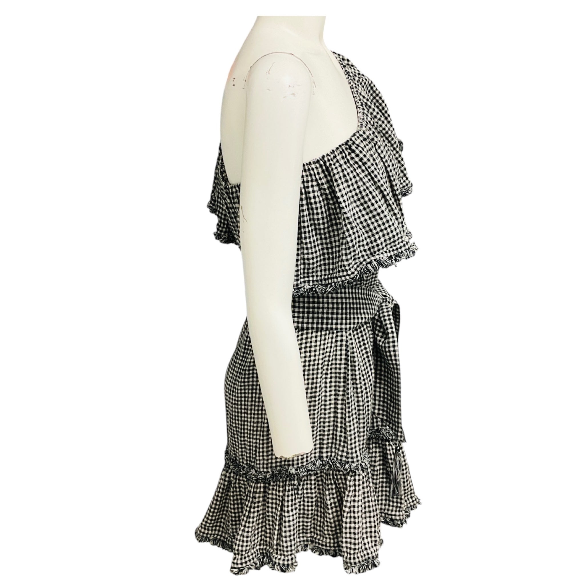 Zimmermann Black / White Gingham Check One Shoulder Linen Dress with Belt
