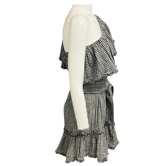 Zimmermann Black / White Gingham Check One Shoulder Linen Dress with Belt