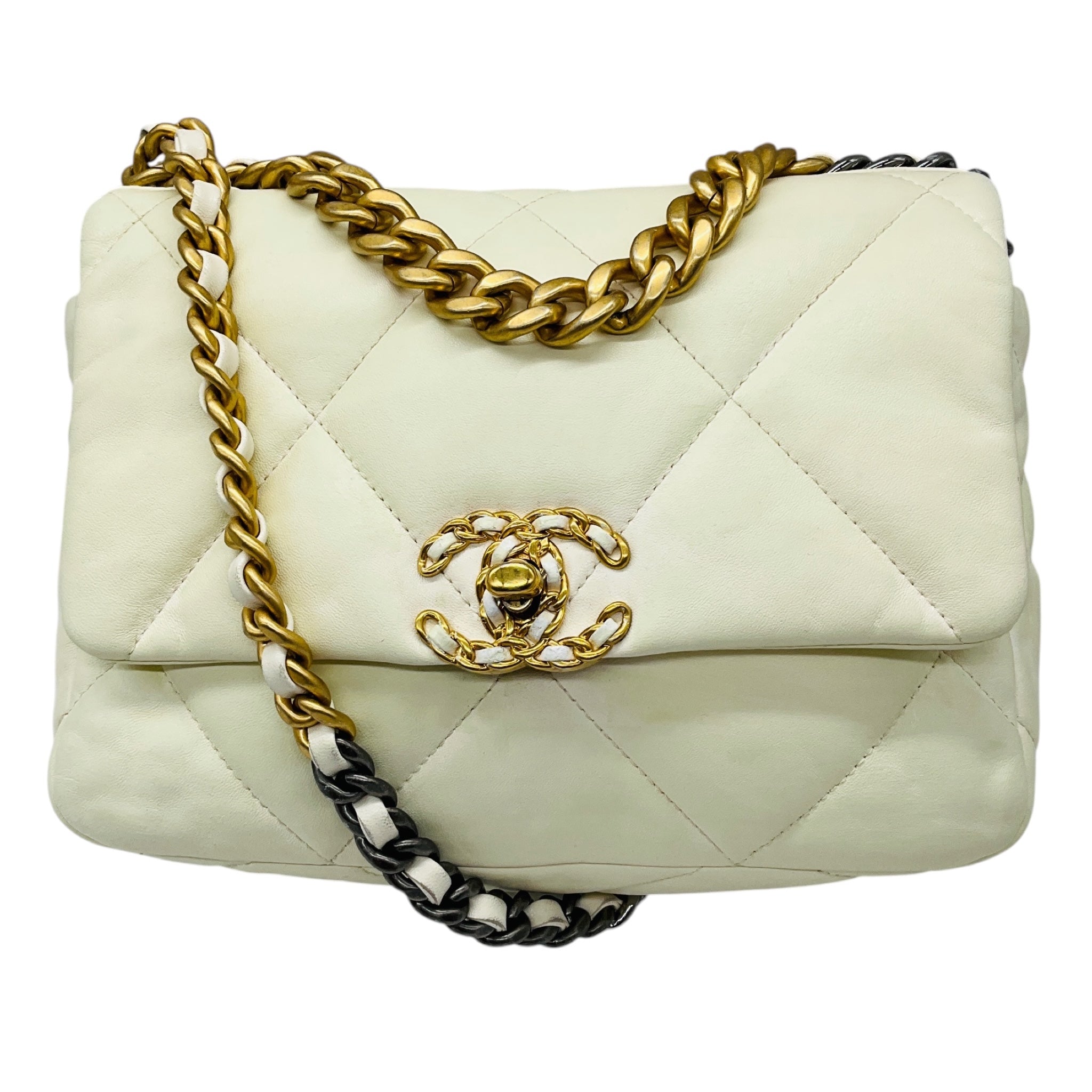 Chanel Cream CC Logo Quilted Leather Medium Chanel 19 Flap Shoulder Bag with Chain Straps and Mixed Metal Hardware