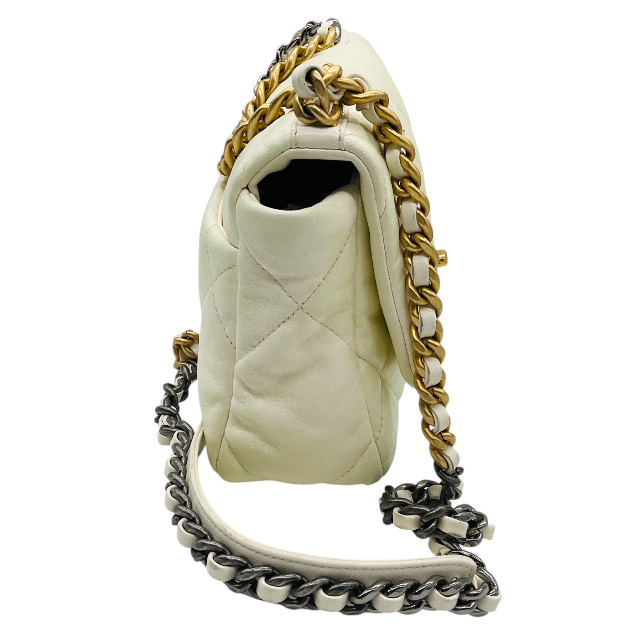 Chanel Cream CC Logo Quilted Leather Medium Chanel 19 Flap Shoulder Bag with Chain Straps and Mixed Metal Hardware