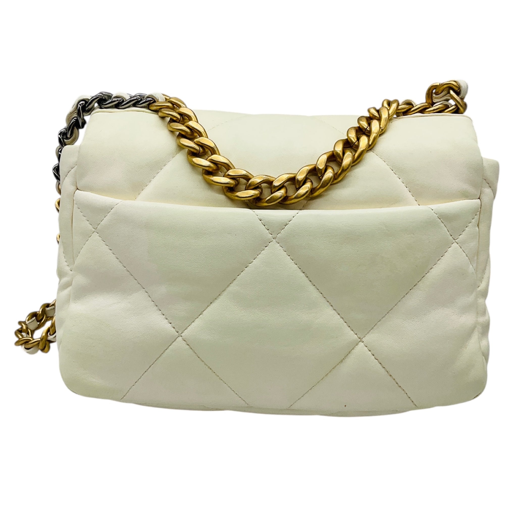 Chanel Cream CC Logo Quilted Leather Medium Chanel 19 Flap Shoulder Bag with Chain Straps and Mixed Metal Hardware