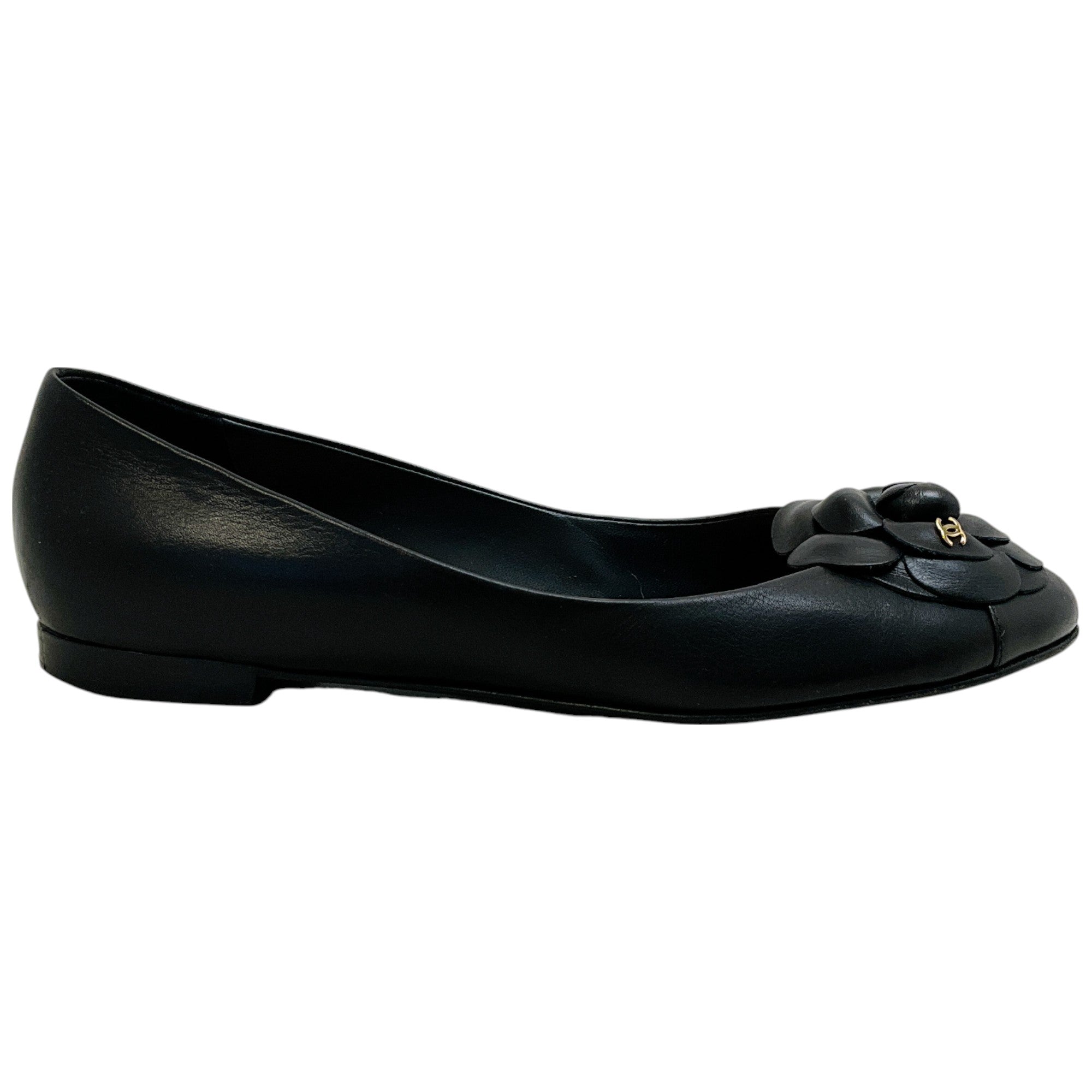Chanel Black Leather Ballet Flats with Camellia