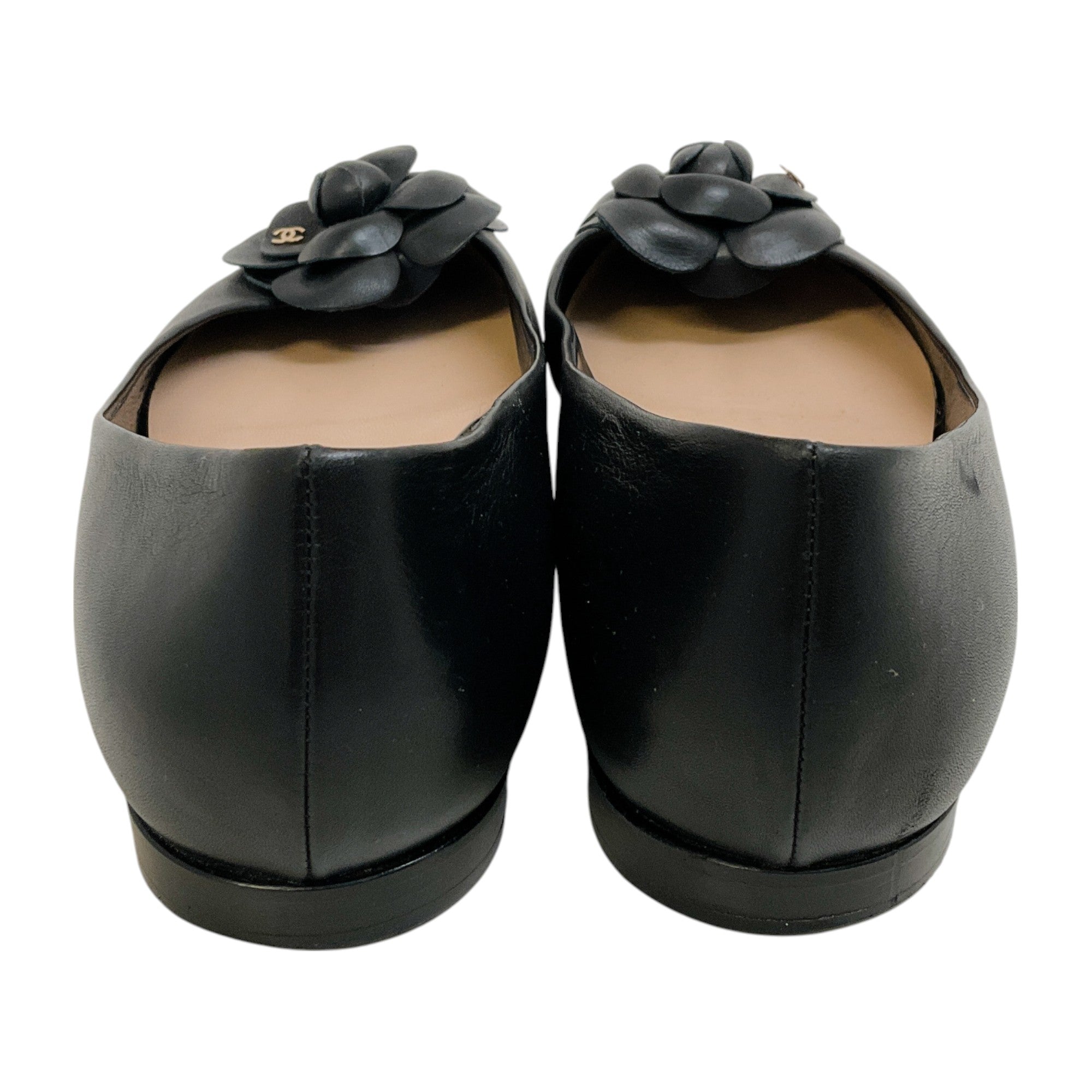 Chanel Black Leather Ballet Flats with Camellia