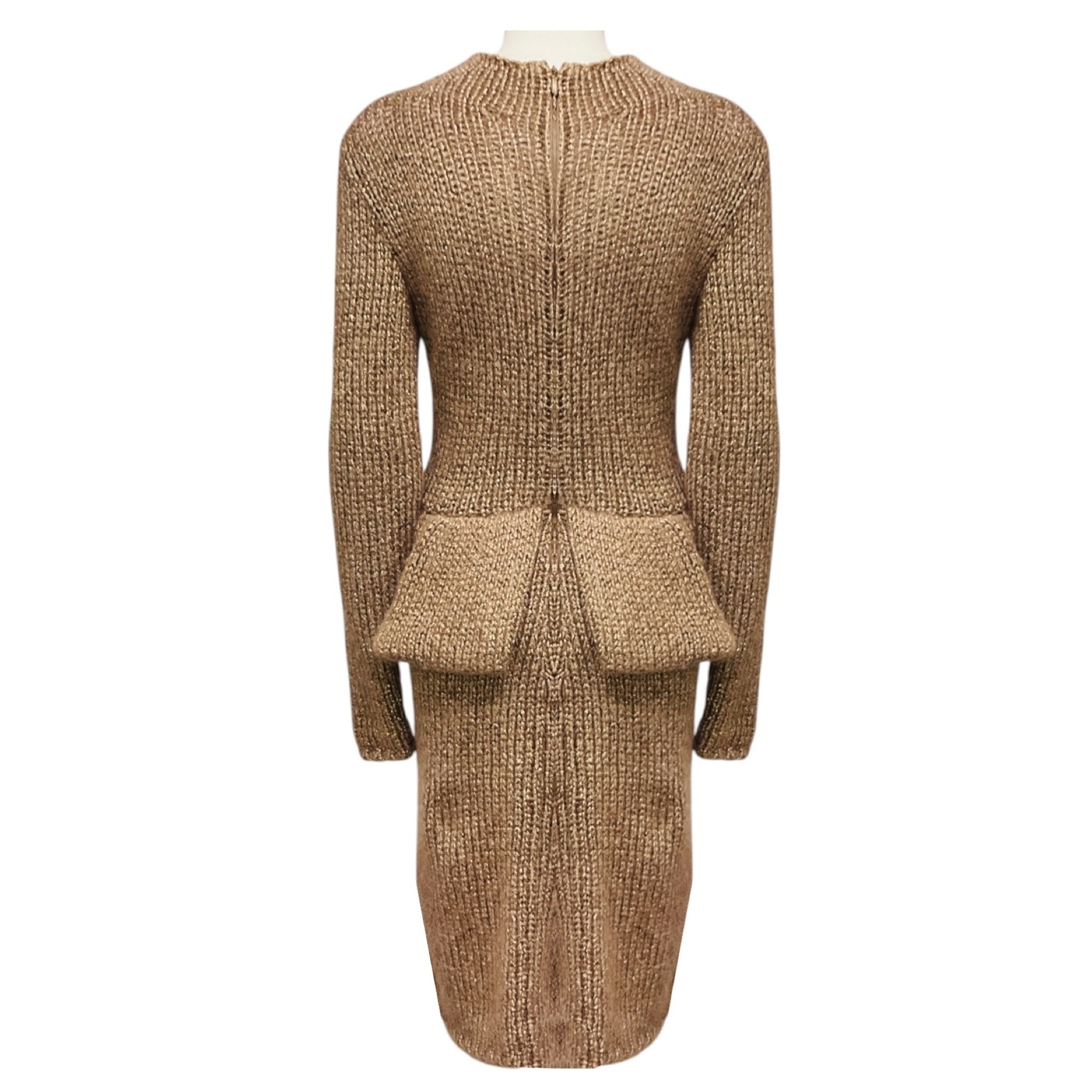 Genny Taupe / Gold Metallic Long Sleeved Shimmer Knit Peplum Midi Dress