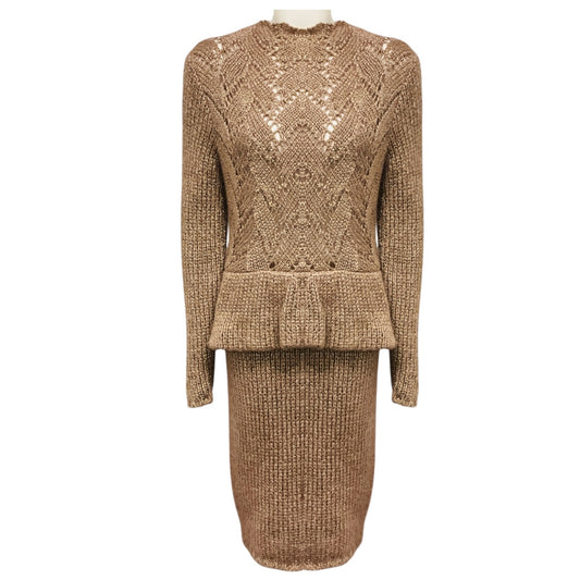 Genny Taupe / Gold Metallic Long Sleeved Shimmer Knit Peplum Midi Dress
