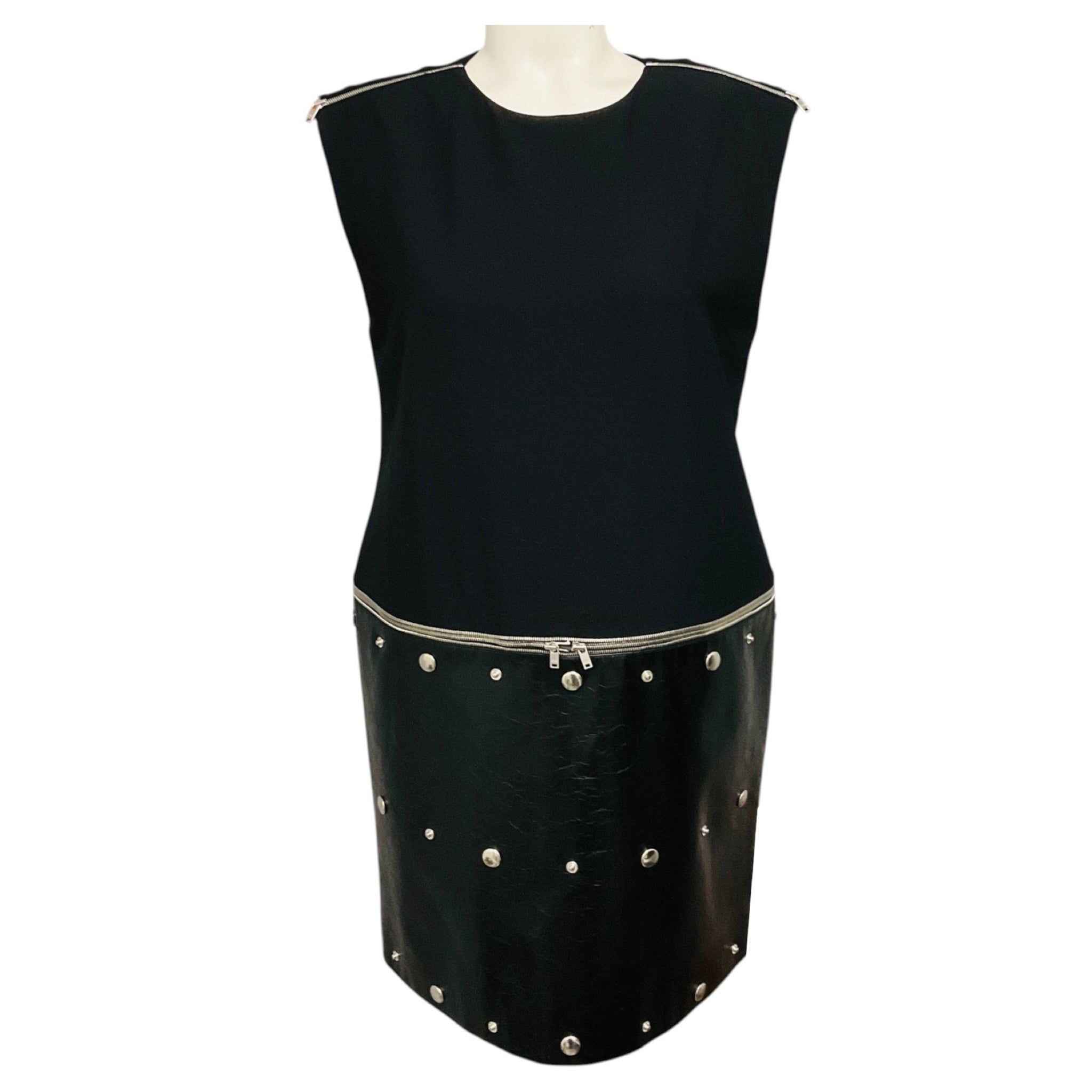 Sonia Rykiel Black / Silver Stud Embellished Crepe and Crinkled Leather Dress with Zipper Detail