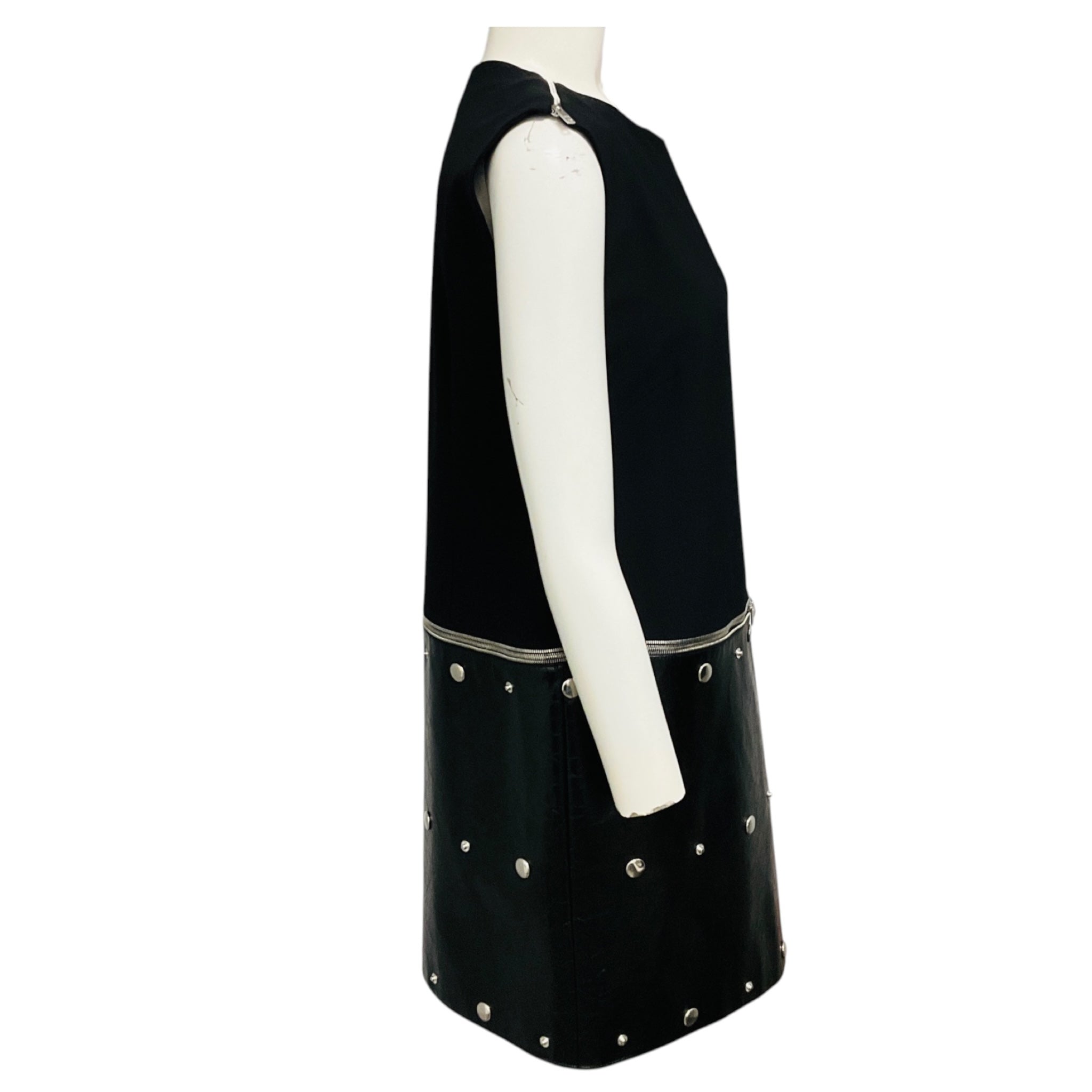Sonia Rykiel Black / Silver Stud Embellished Crepe and Crinkled Leather Dress with Zipper Detail