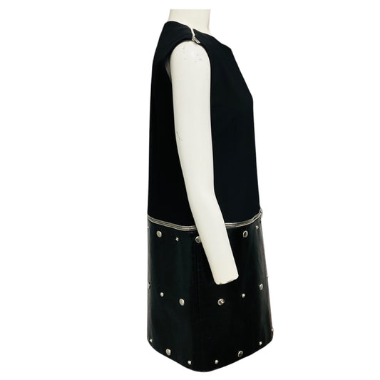 Sonia Rykiel Black / Silver Stud Embellished Crepe and Crinkled Leather Dress with Zipper Detail