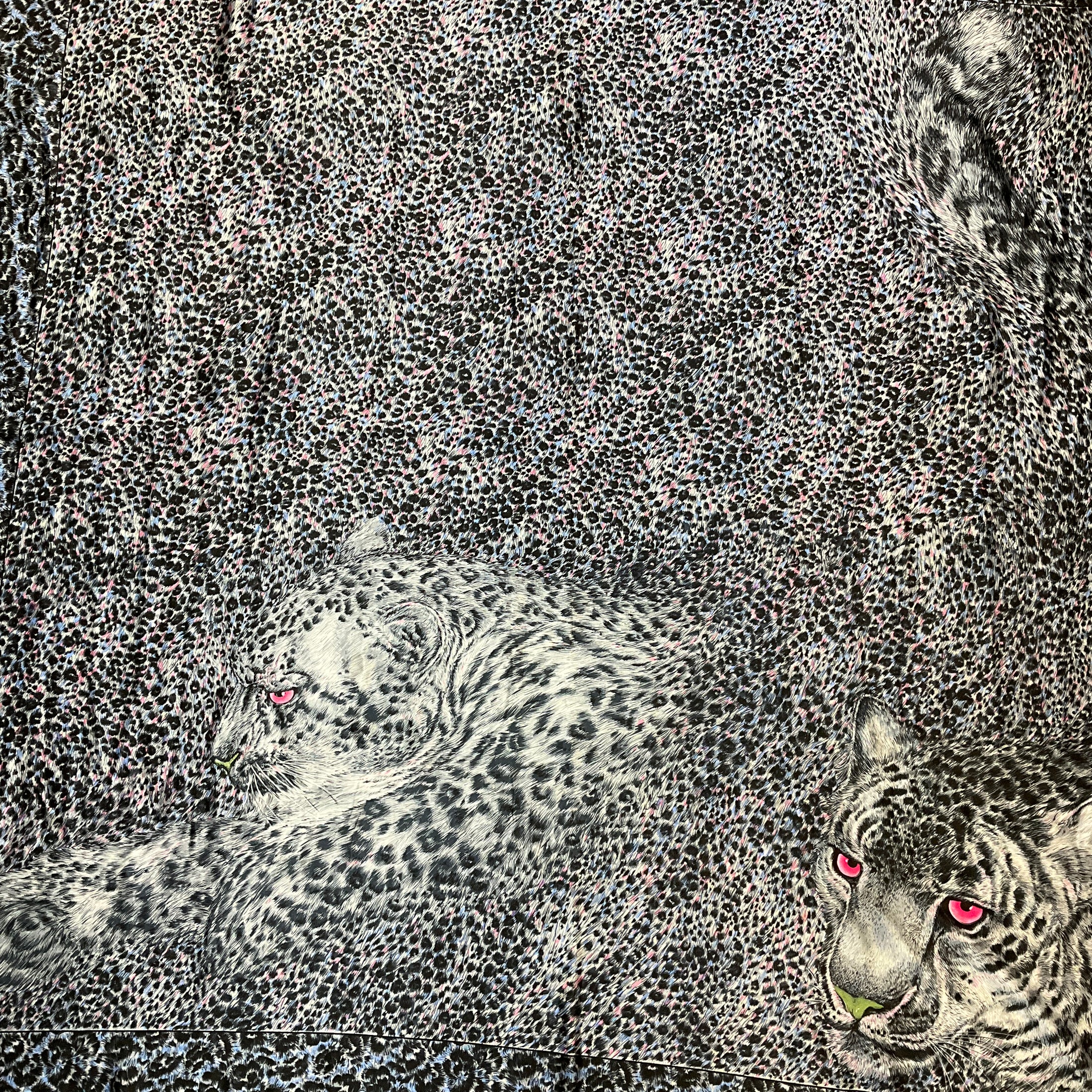 Escada Vintage Blue / Black / Pink Multi Tiger Print Large Square Silk Scarf