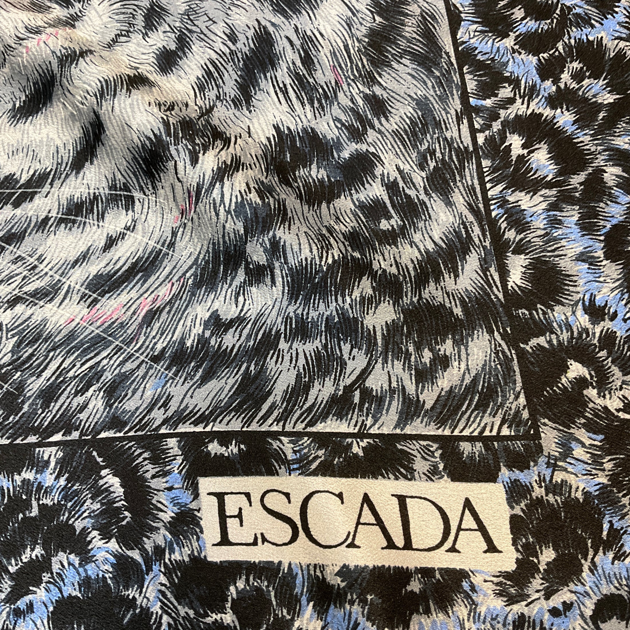Escada Vintage Blue / Black / Pink Multi Tiger Print Large Square Silk Scarf