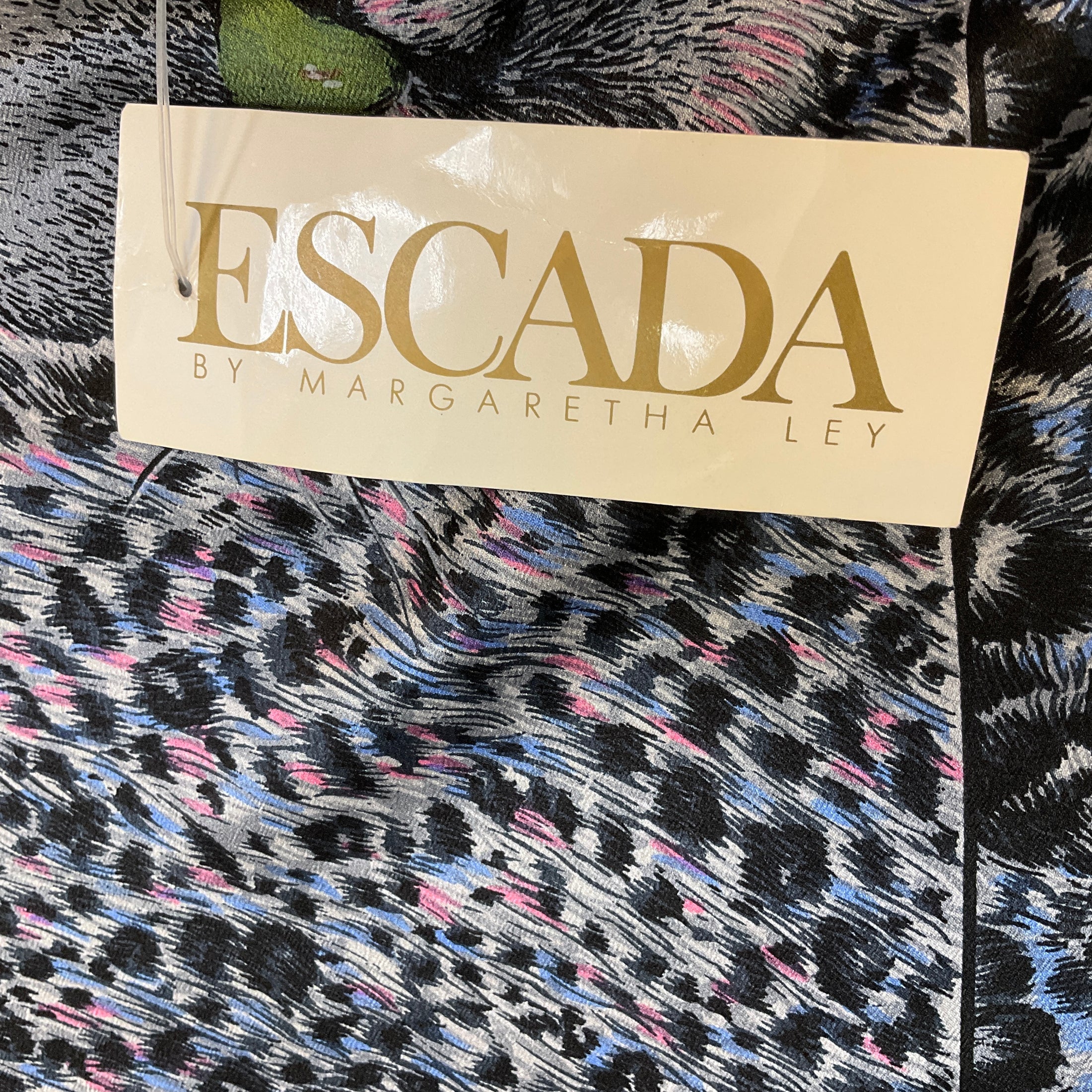 Escada Vintage Blue / Black / Pink Multi Tiger Print Large Square Silk Scarf