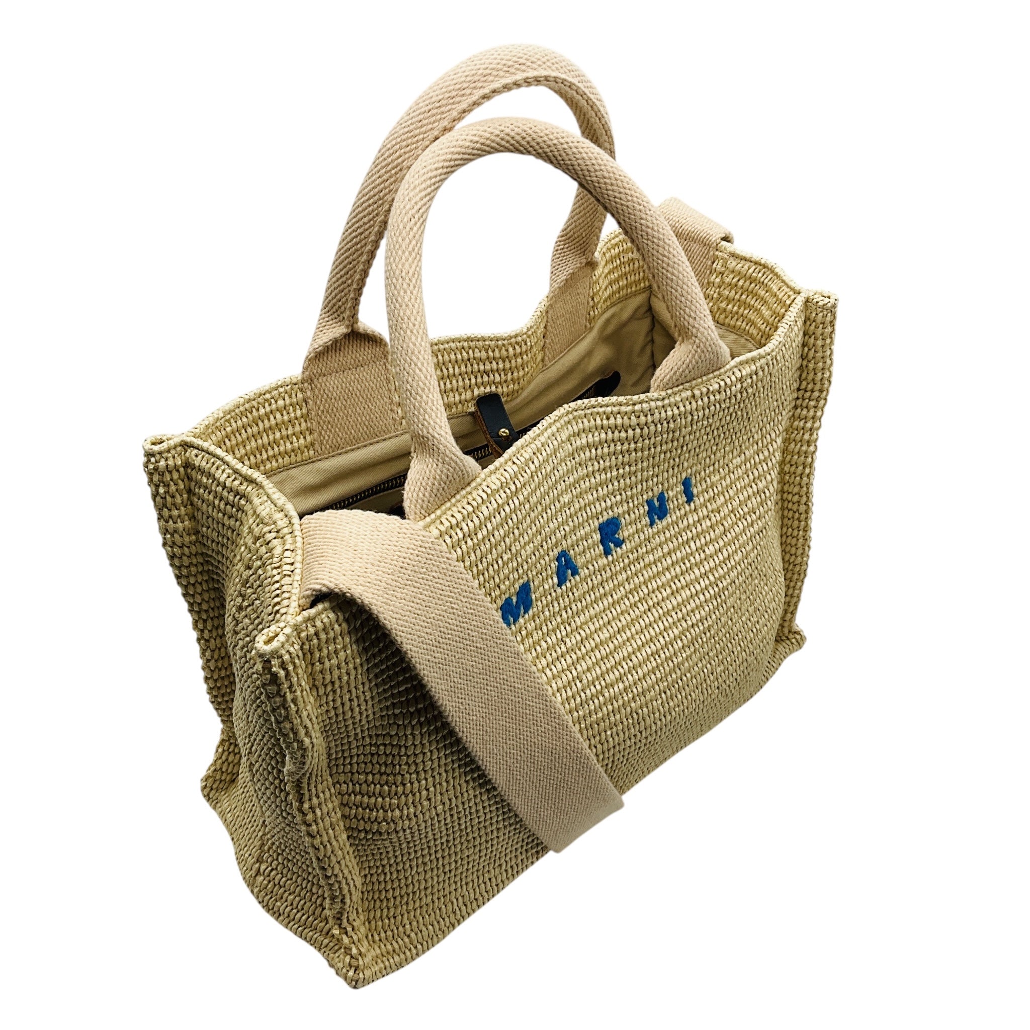 Marni Natural Woven Raffia Tote Handbag with Blue Logo