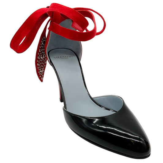 Valentino Black Patent Leather / Red Foliefoliage Embellished Ankle Tie Pumps
