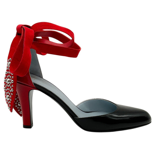 Valentino Black Patent Leather / Red Foliefoliage Embellished Ankle Tie Pumps