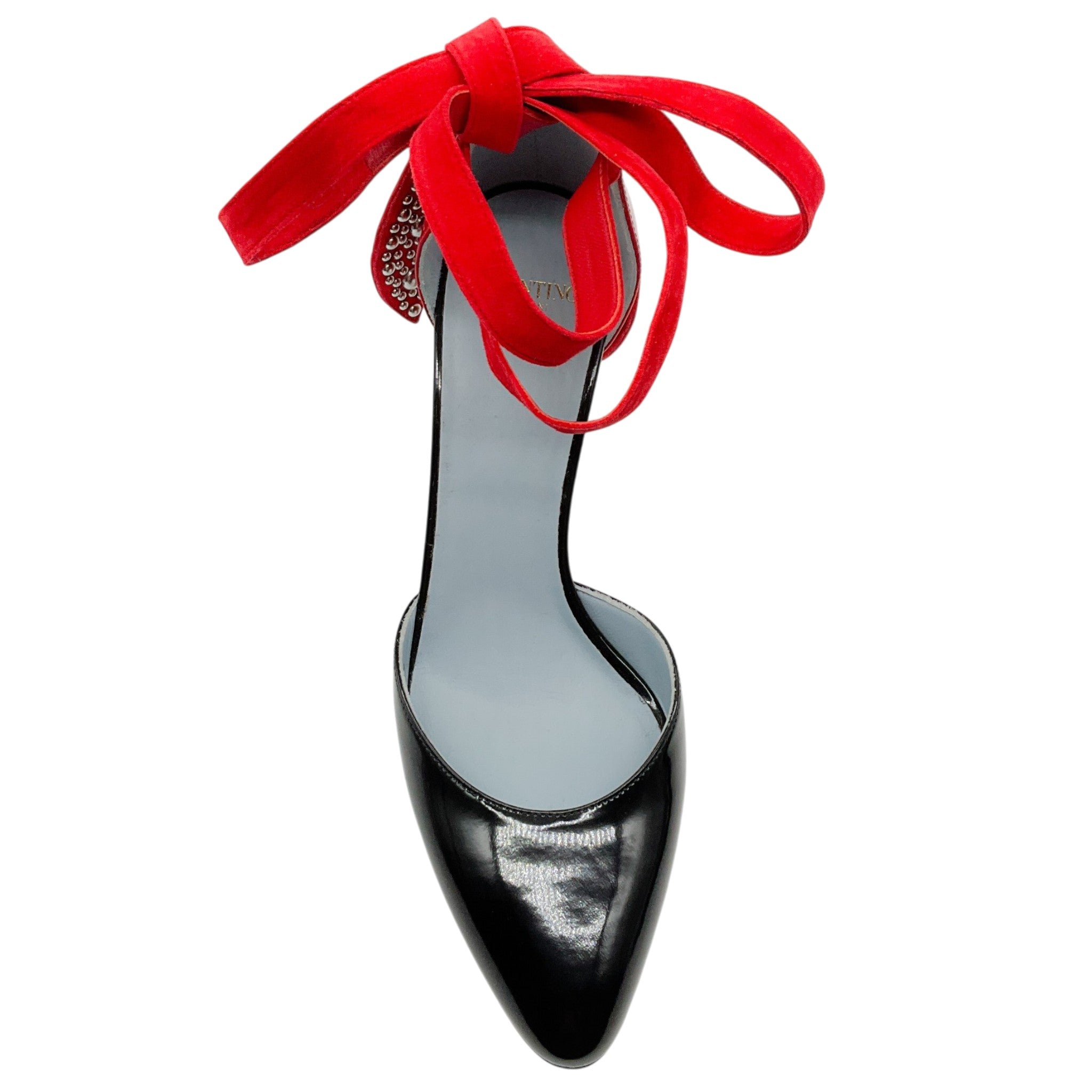 Valentino Black Patent Leather / Red Foliefoliage Embellished Ankle Tie Pumps