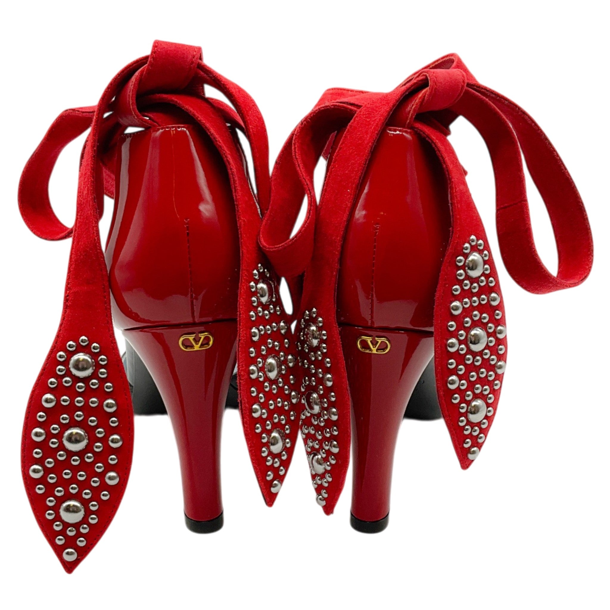 Valentino Black Patent Leather / Red Foliefoliage Embellished Ankle Tie Pumps