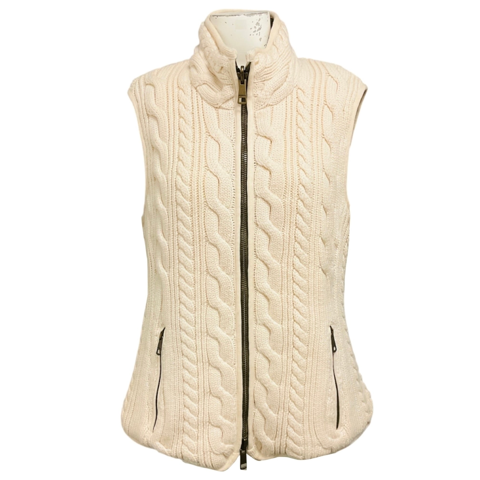 Burberry Brit Pale Fawn Reversible Merino Wool Cable Knit and Nylon Zip Front Padded Vest