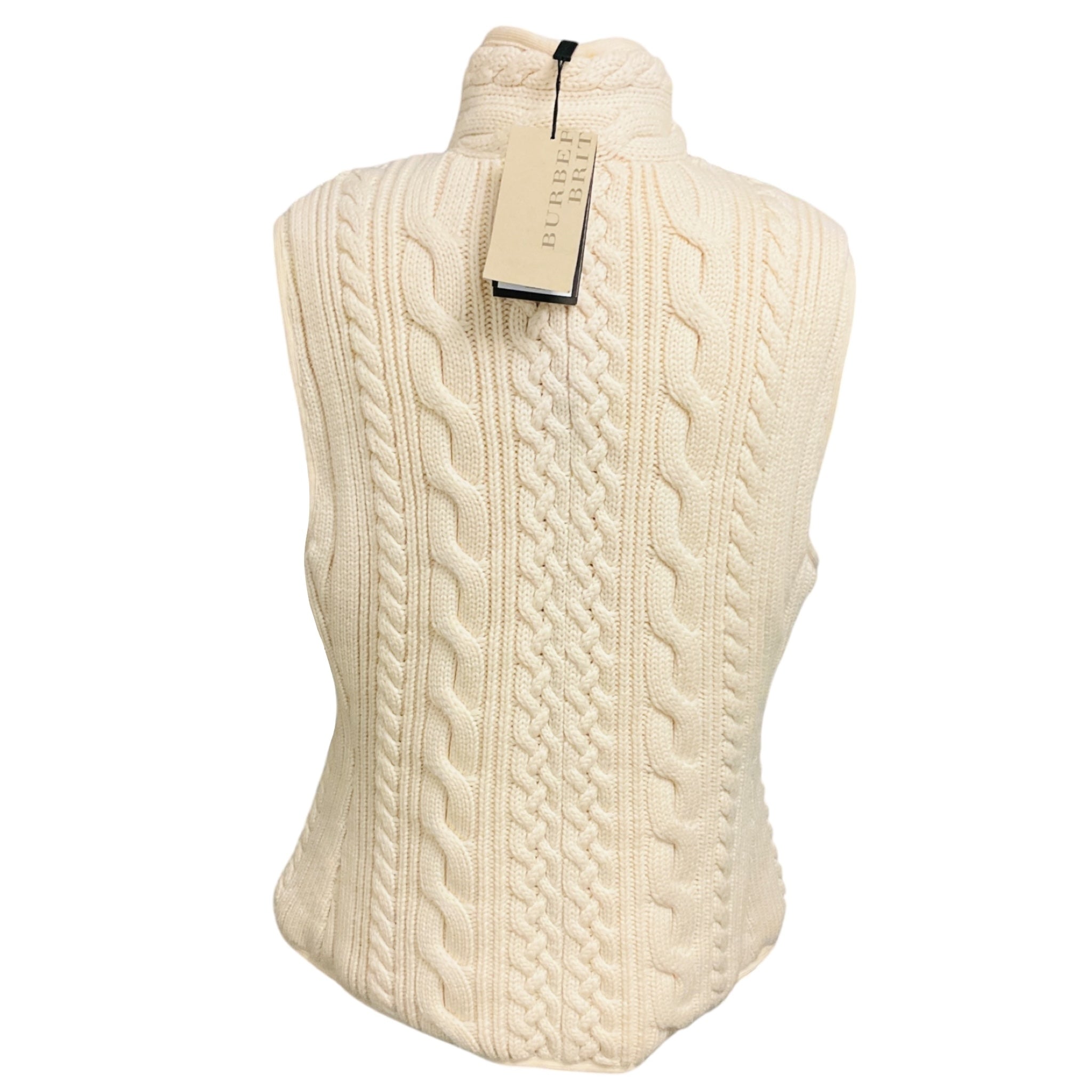Burberry Brit Pale Fawn Reversible Merino Wool Cable Knit and Nylon Zip Front Padded Vest