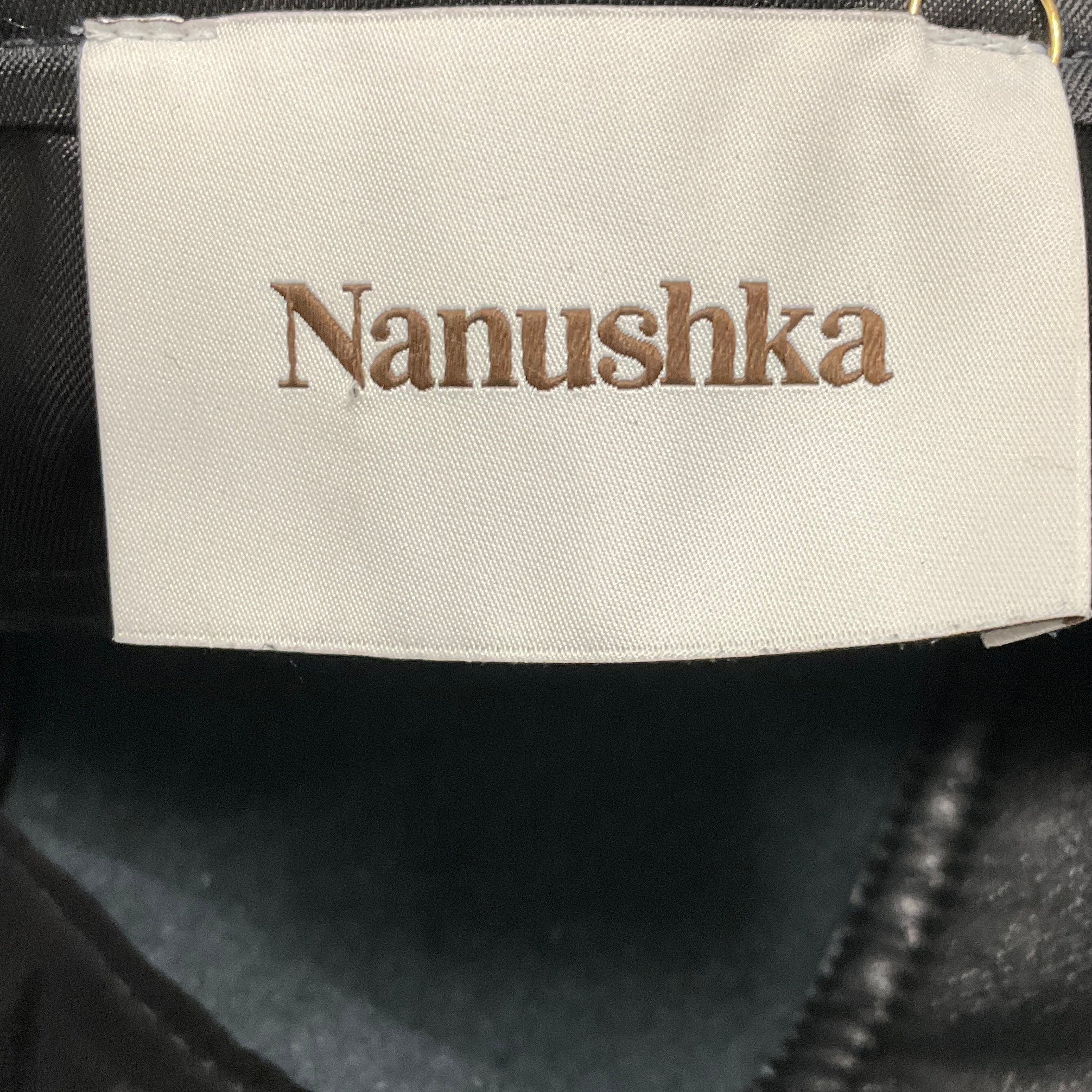 Nanushka Black Regenerated Leather Barrel Leg Pants with D-Ring Belt and Horizonal Seam