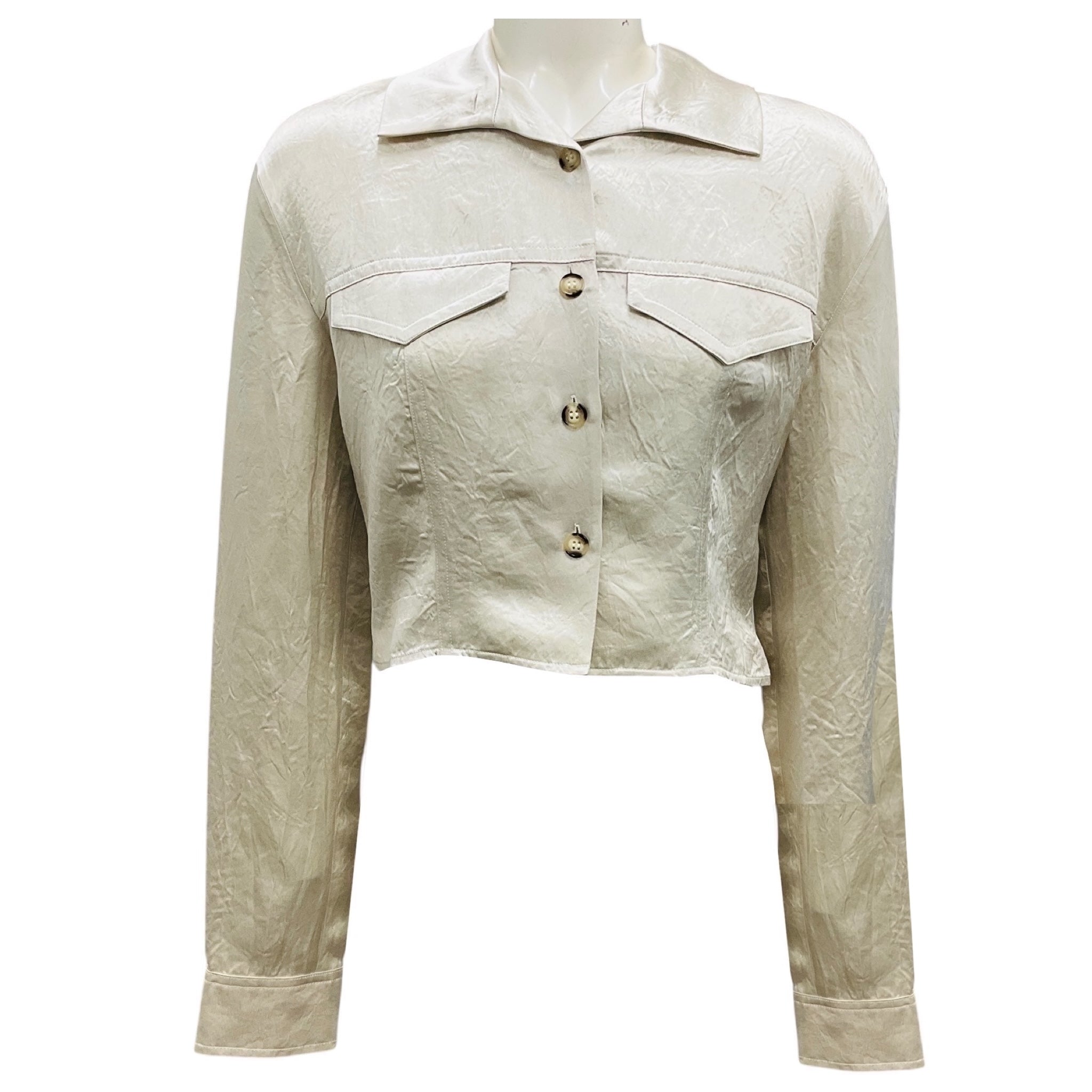 Nanushka Ecru Janyn Crinkled Satin Slim Fit Cropped Shirt