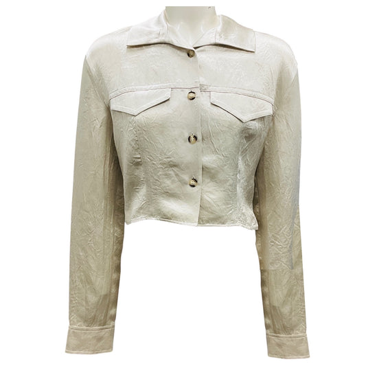 Nanushka Ecru Janyn Crinkled Satin Slim Fit Cropped Shirt