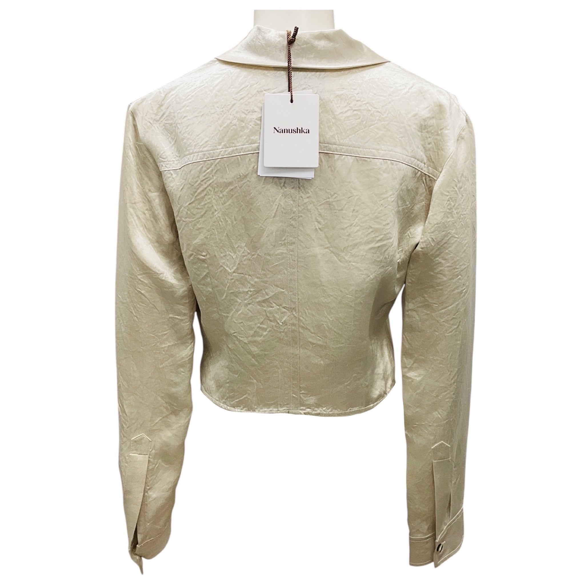 Nanushka Ecru Janyn Crinkled Satin Slim Fit Cropped Shirt