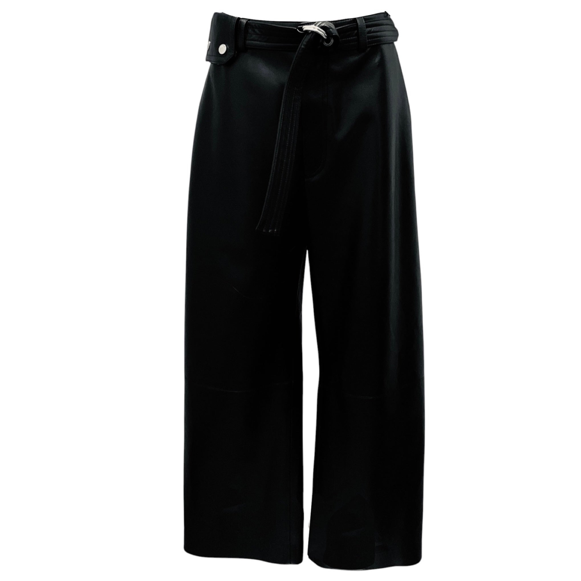 Nanushka Black Regenerated Leather Barrel Leg Pants with D-Ring Belt and Horizonal Seam