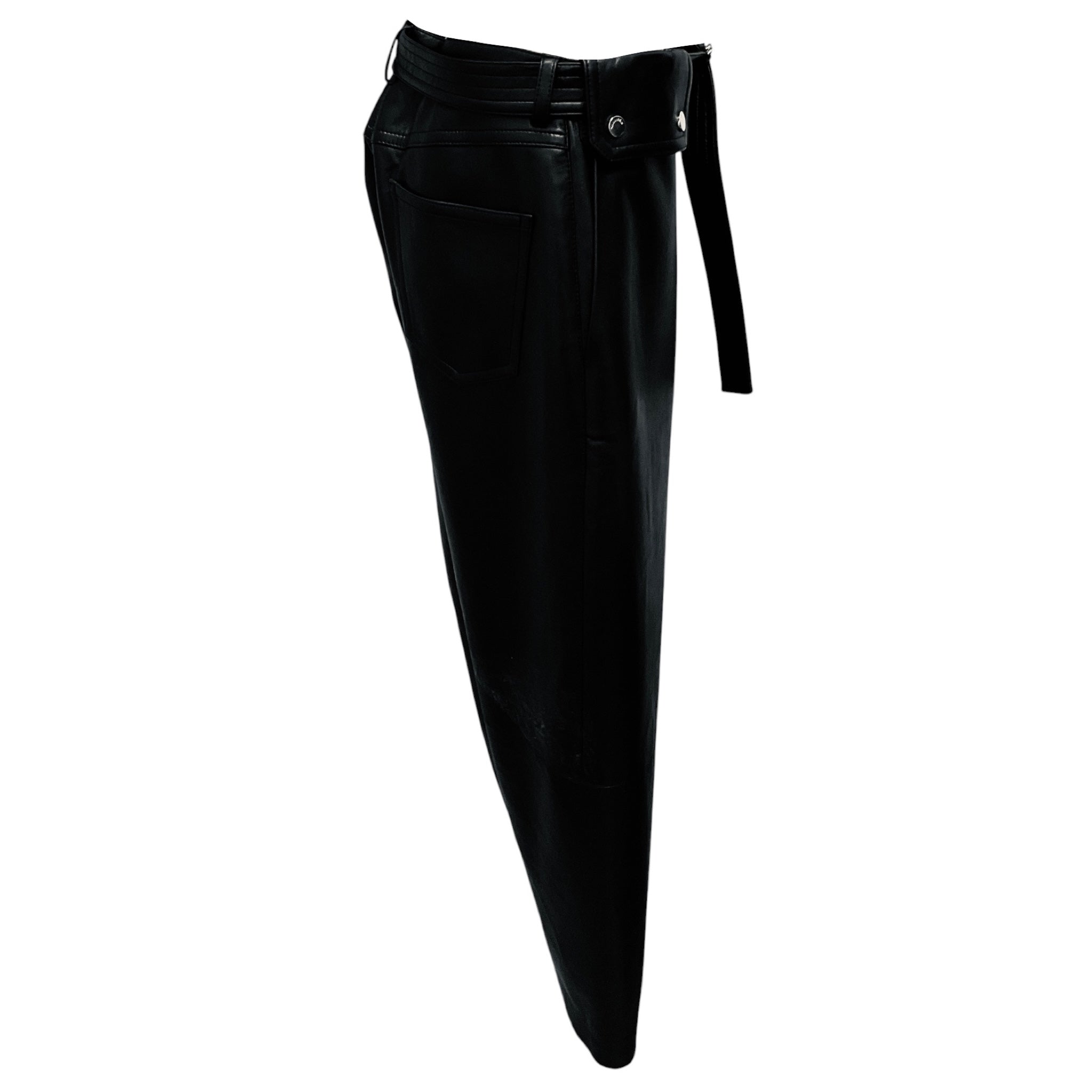 Nanushka Black Regenerated Leather Barrel Leg Pants with D-Ring Belt and Horizonal Seam