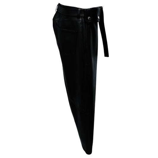 Nanushka Black Regenerated Leather Barrel Leg Pants with D-Ring Belt and Horizonal Seam
