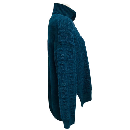 Fendi Dark Teal FF Zucca Logo Pattern Mohair and Wool Knit Turtleneck Sweater