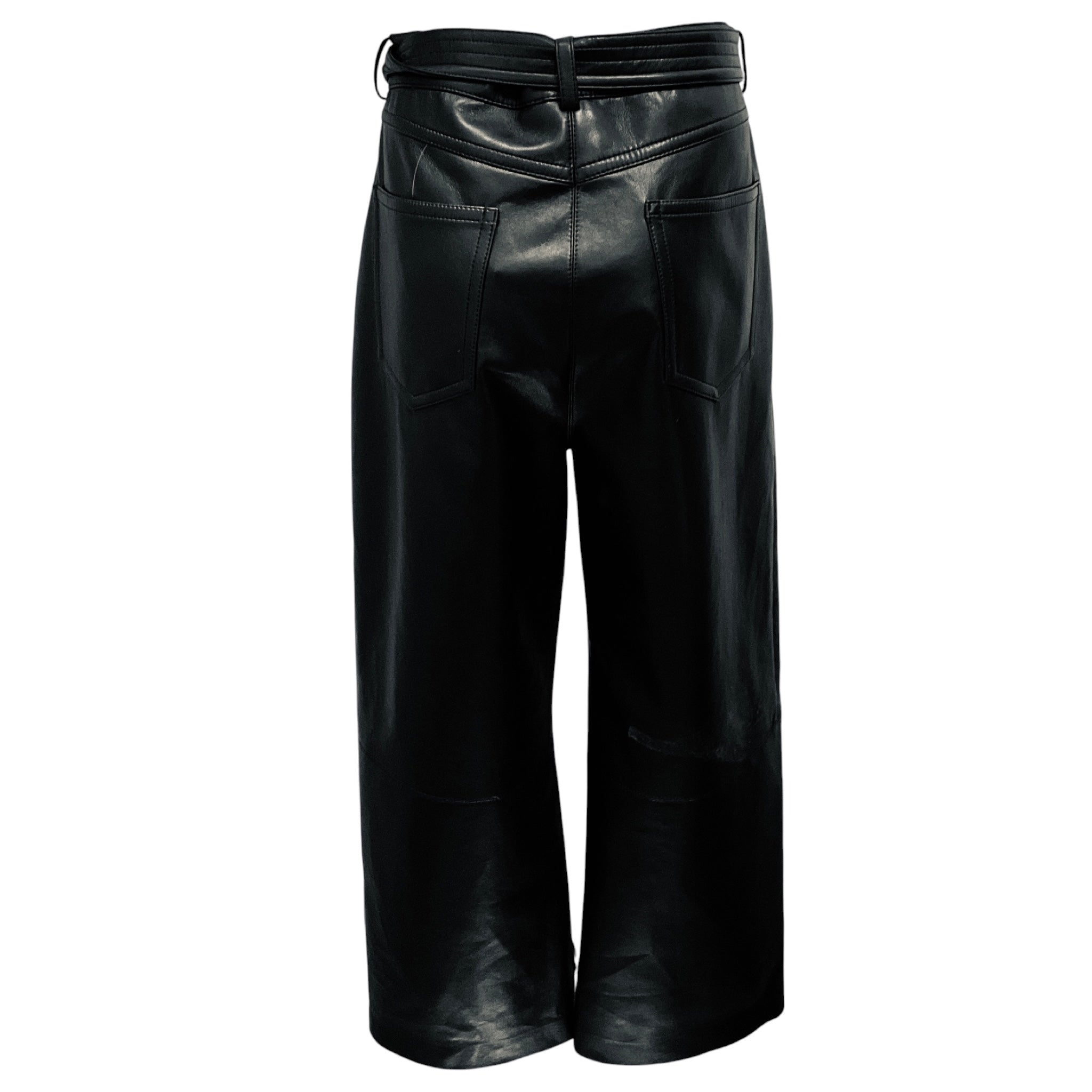 Nanushka Black Regenerated Leather Barrel Leg Pants with D-Ring Belt and Horizonal Seam