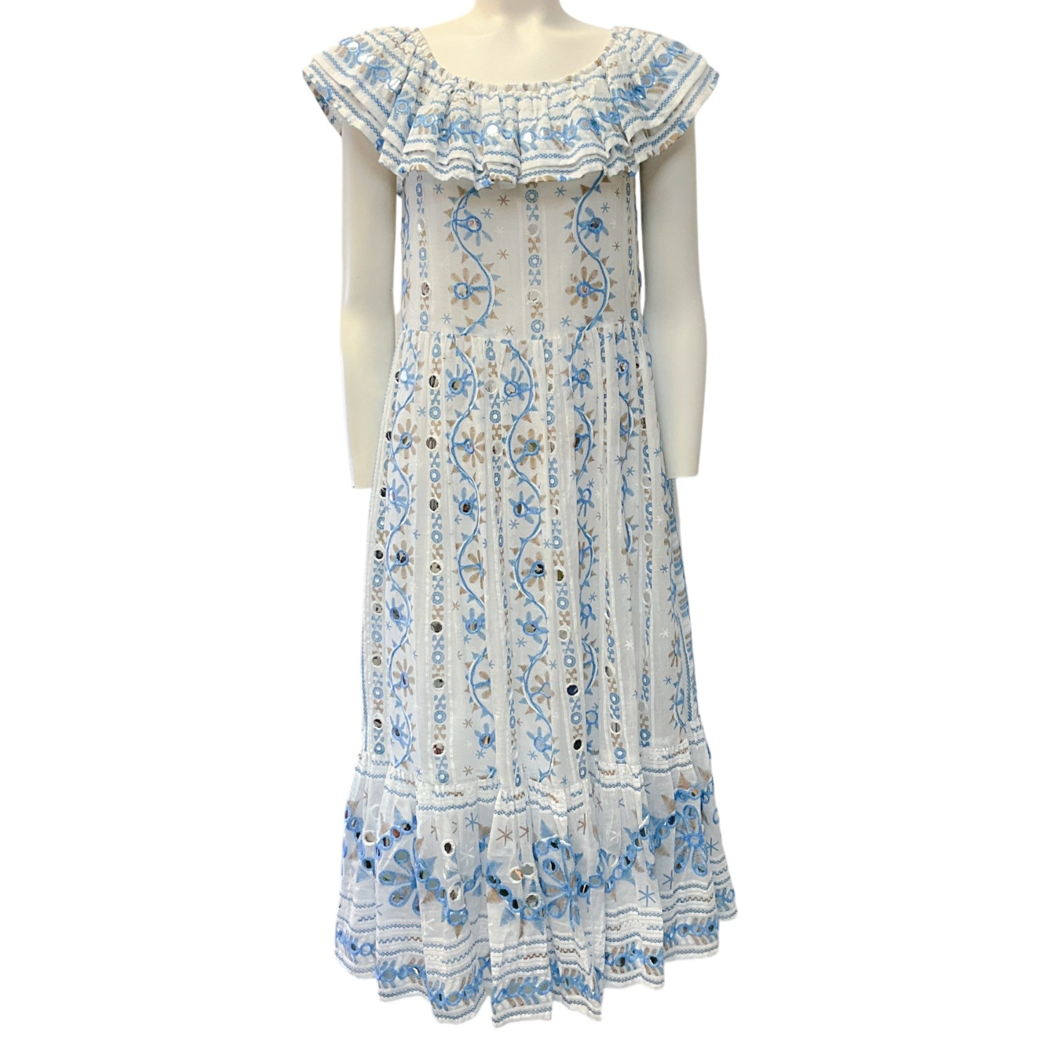 Juliet Dunn White / Blue Embroidered Floral Midi Dress
