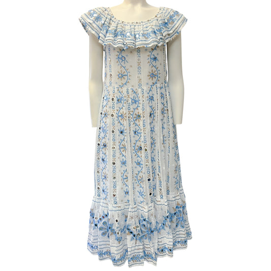 Juliet Dunn White / Blue Embroidered Floral Midi Dress
