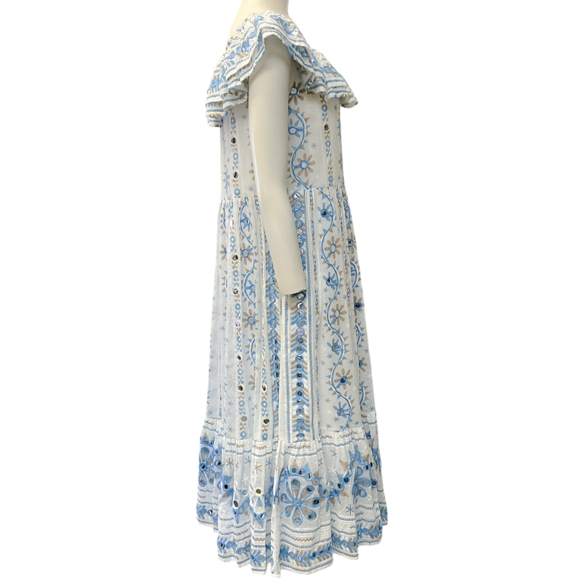 Juliet Dunn White / Blue Embroidered Floral Midi Dress
