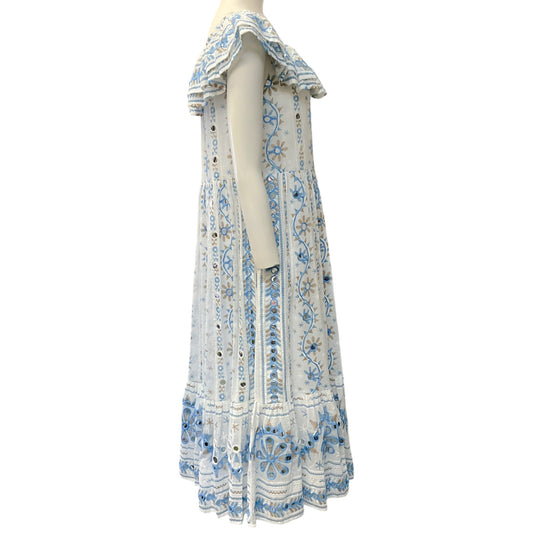 Juliet Dunn White / Blue Embroidered Floral Midi Dress