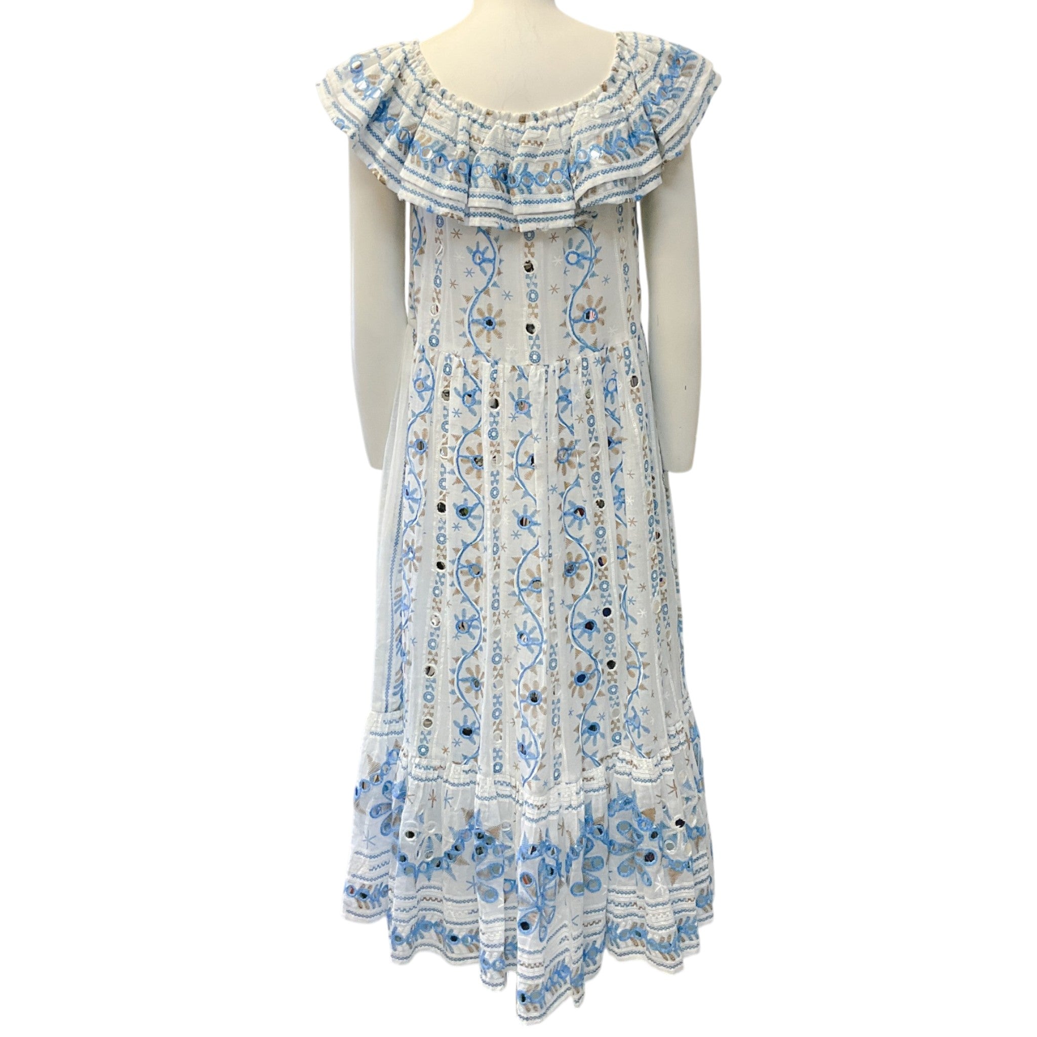 Juliet Dunn White / Blue Embroidered Floral Midi Dress
