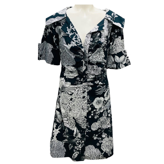 Lela Rose Navy Floral Printed Open Neck Shirt Dress