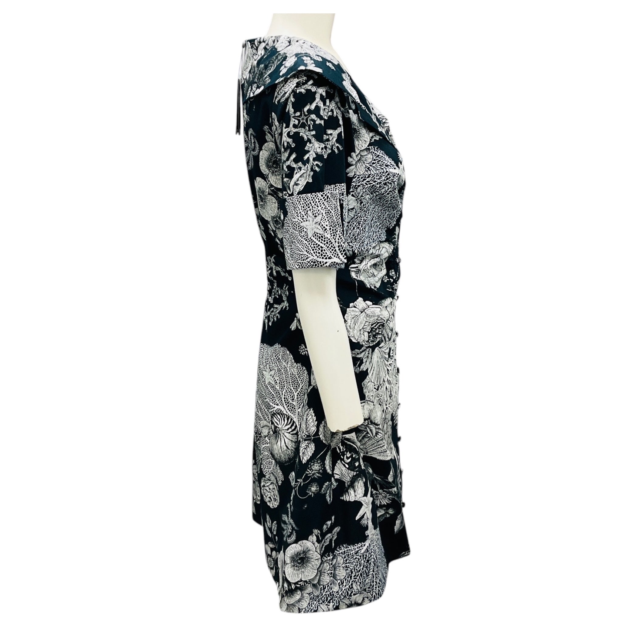 Lela Rose Navy Floral Printed Open Neck Shirt Dress