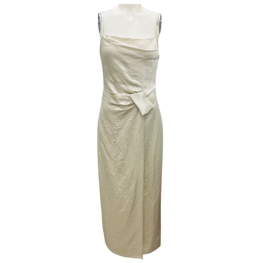 Nanushka Ecru Briar Crinkled Satin Midi Dress with Ruched Detail