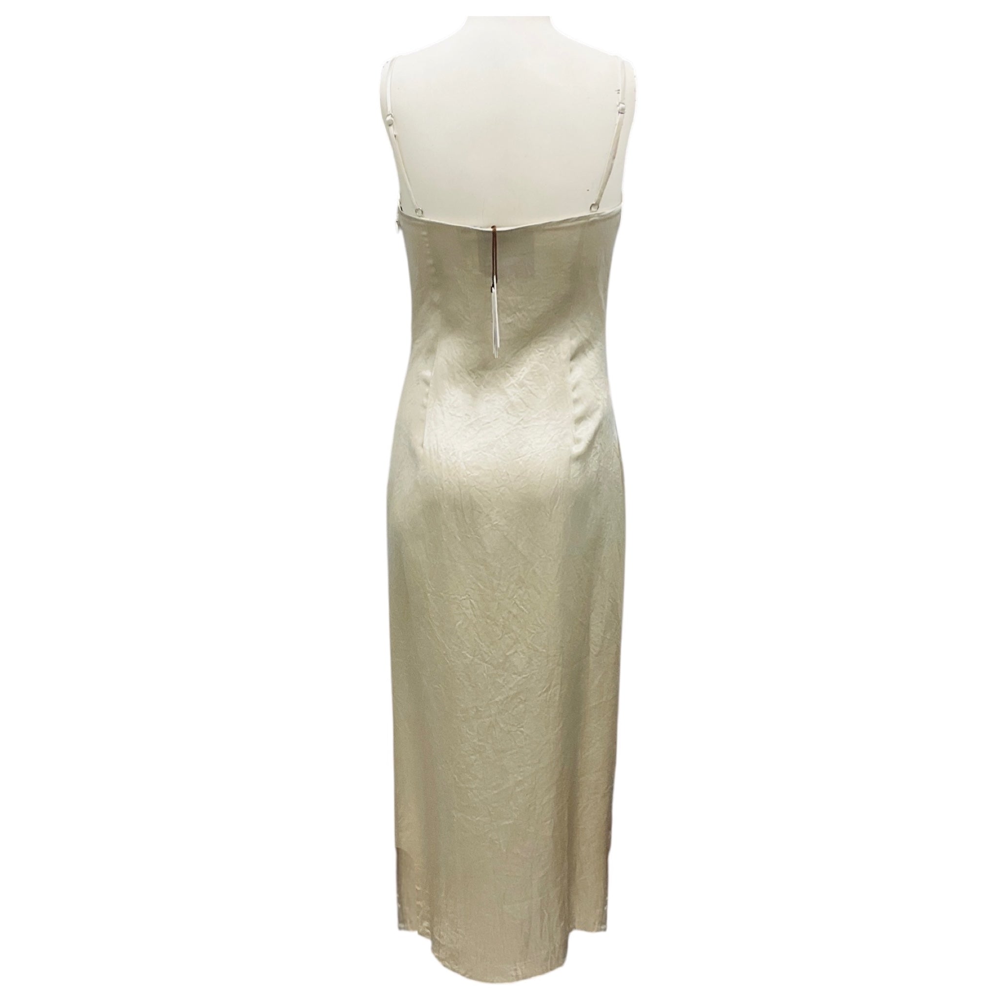 Nanushka Ecru Briar Crinkled Satin Midi Dress with Ruched Detail