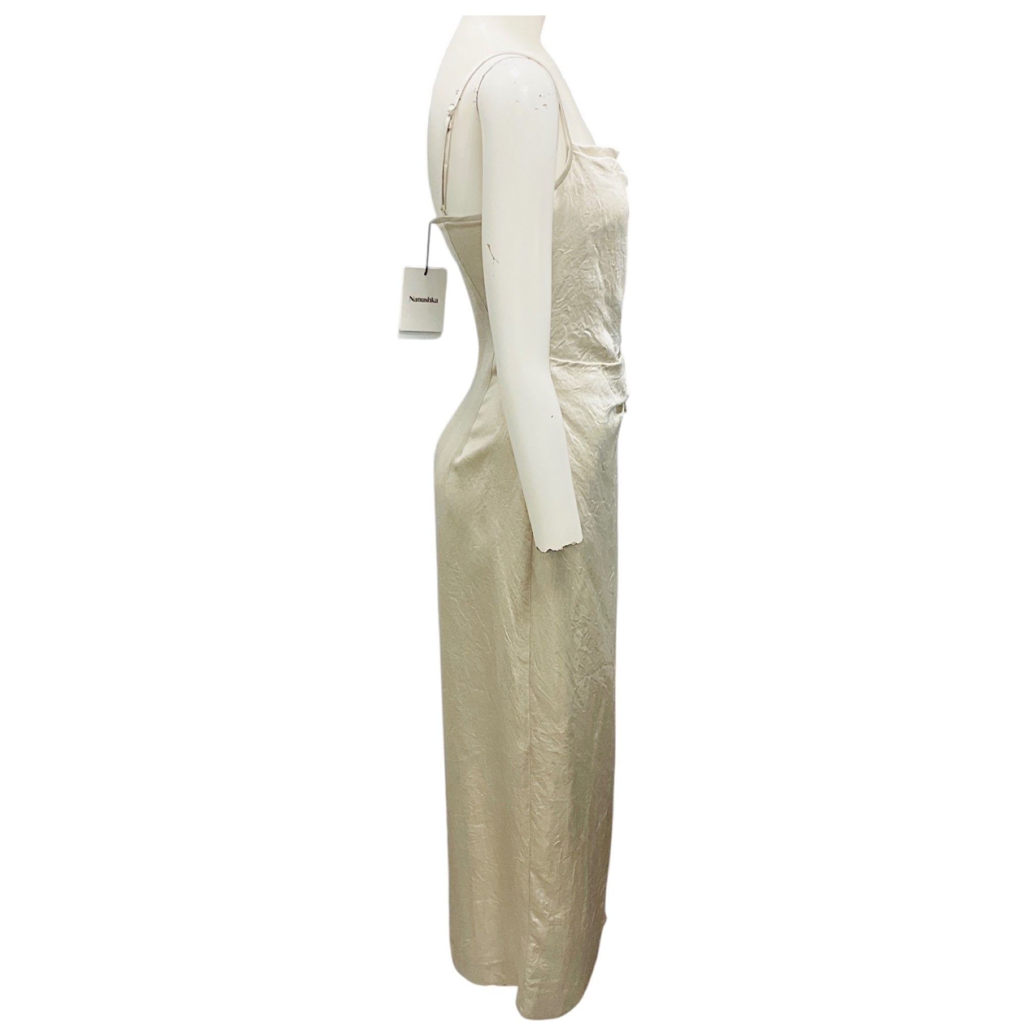 Nanushka Ecru Briar Crinkled Satin Midi Dress with Ruched Detail